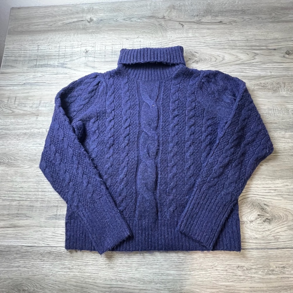 Ophelia Roe Sweater Womens Large Purple Cable Knit Turtleneck Puff Sleeve Wool‎